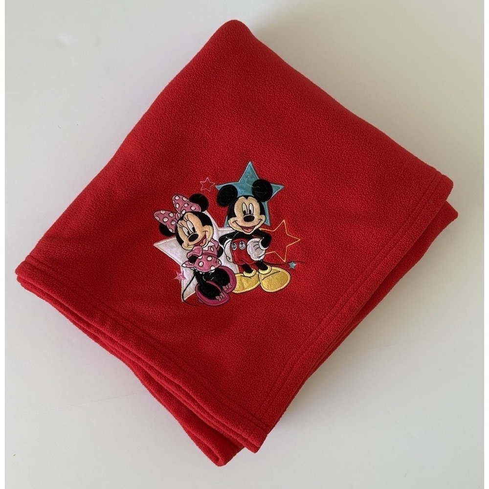 Disney Store Red Fleece‎ Throw Blanket Mickey & Minnie Mouse Stars Embroidered